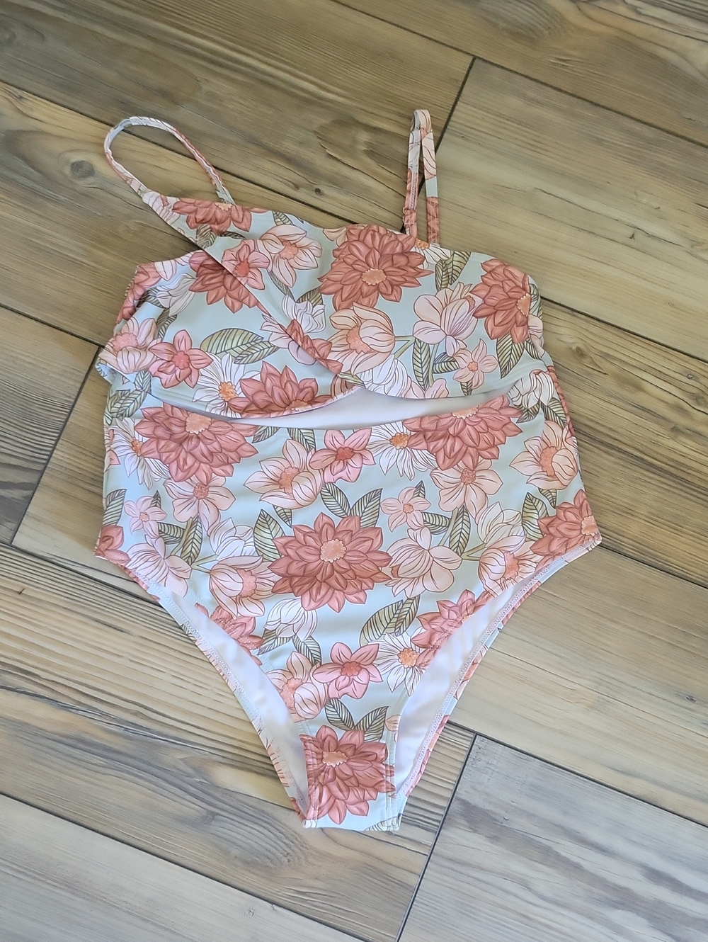 SHEIN Peach Floral One-Piece Swimsuit with Cream Base